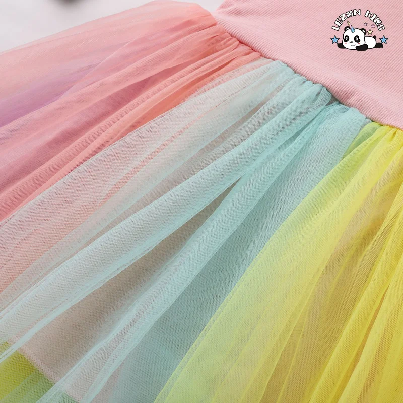 LEZONKIDS - Customizable Wholesale Sequined unicorn Print Stitching Dress Colorful Mesh Puffy Sweet Girls Princess Dress
